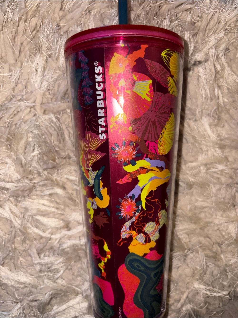 Starbucks Red Multicolor Floral Japanese Tumbler with Green Straw.